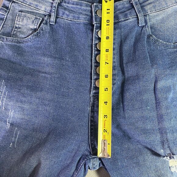 Womens Jeans Button Fly Distressed Cuffed Hem Cropped High Rise Denim Dark L - Picture 6 of 8